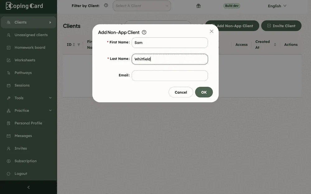The Add Non-App Client window with a first name and a last name filled in
