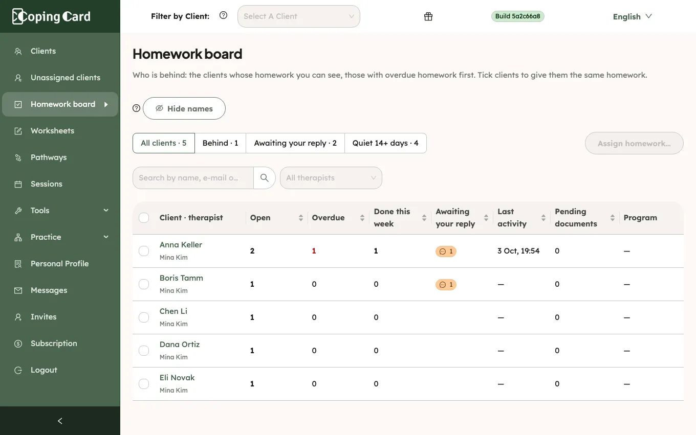 The Homework board: filters for all clients, behind, awaiting your reply and quiet clients, and one row per client with open, overdue and done counts