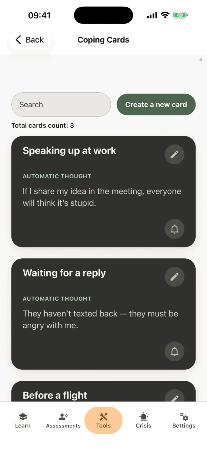 The Coping Cards list with the search box, the button to create a new card, the total number of cards and the cards showing their front side