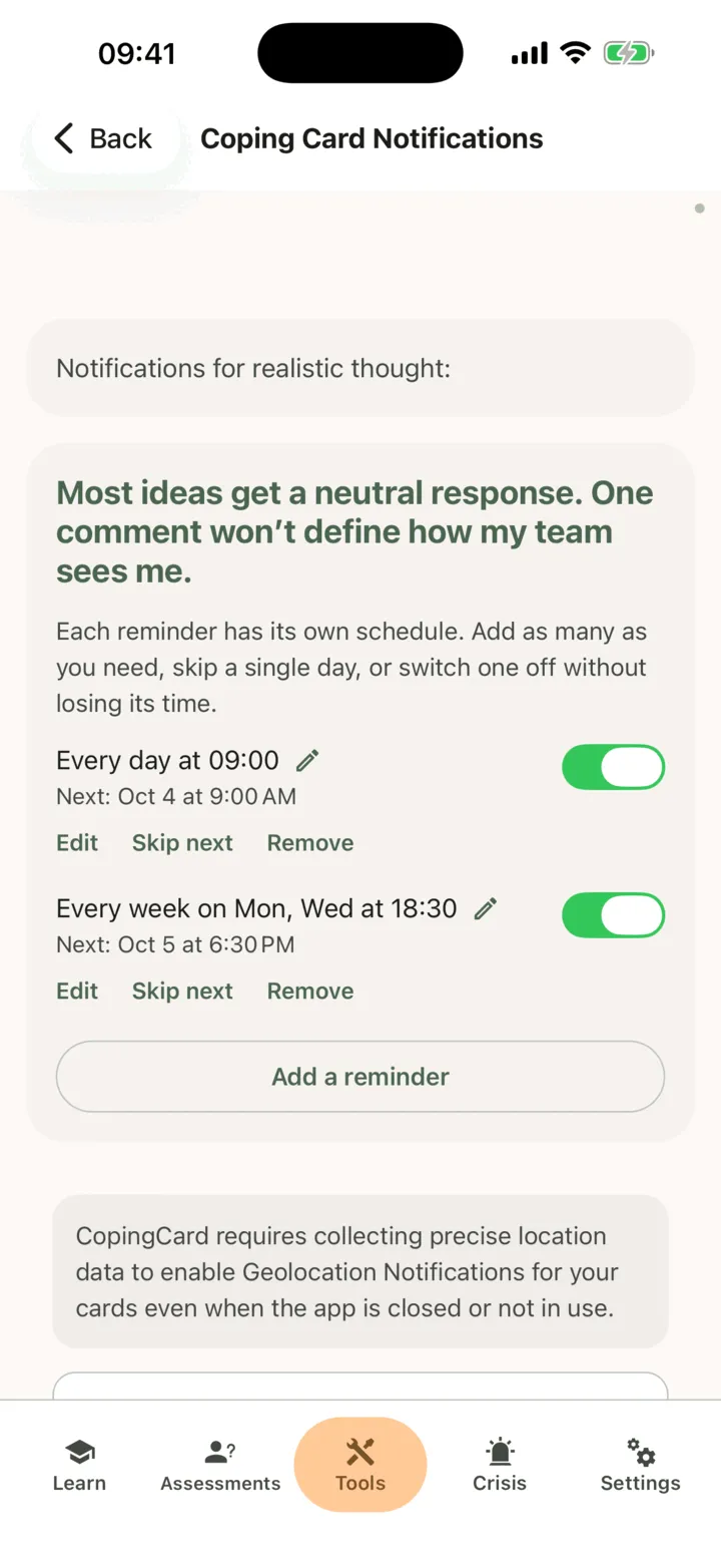 The Coping Card Notifications screen with reminder rows, the time of the next one, the Edit, Skip next and Remove links, and the button to add a reminder