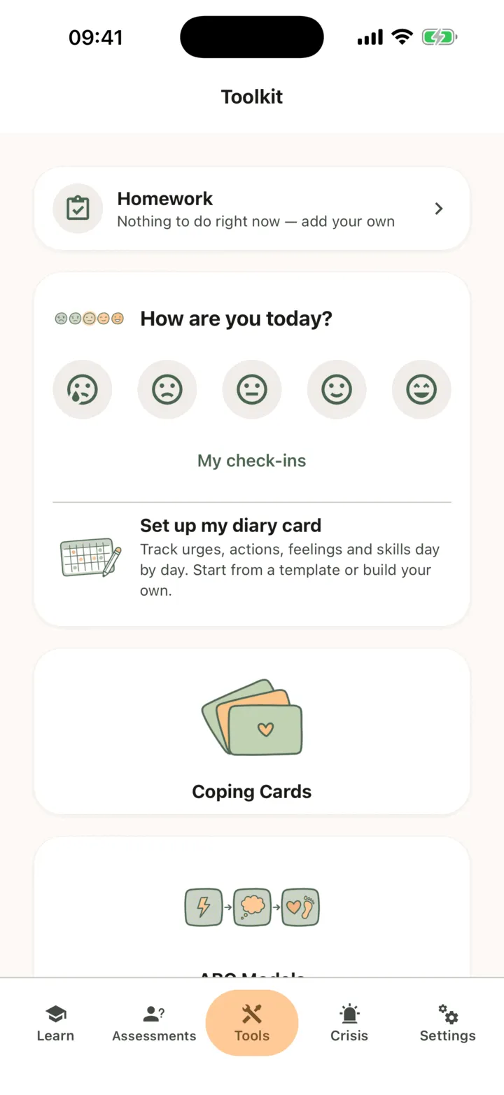 The Toolkit screen with the How are you today? card: five faces from very low to very good, the My check-ins link and the Set up my diary card row