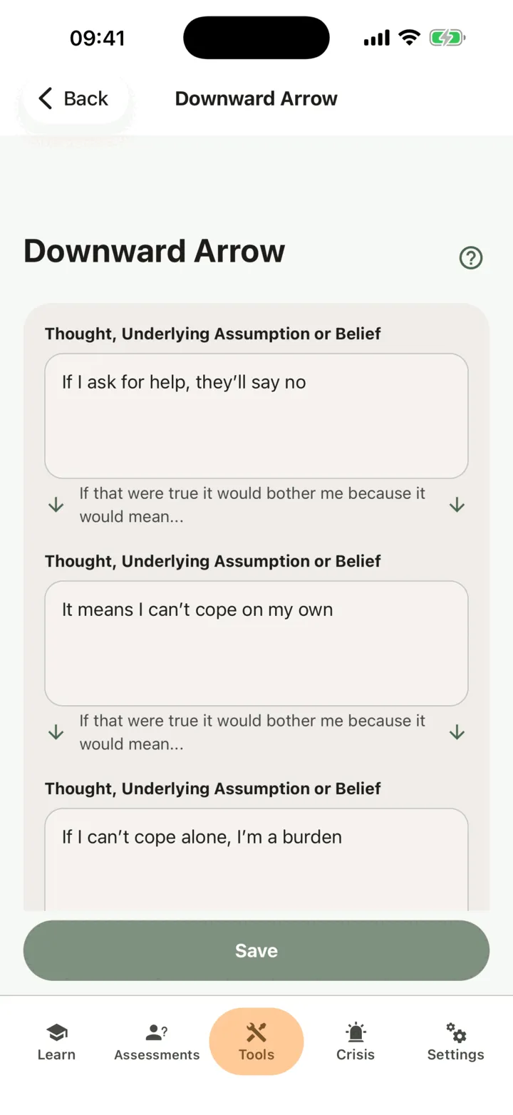 A downward arrow with three steps and the prompt between them