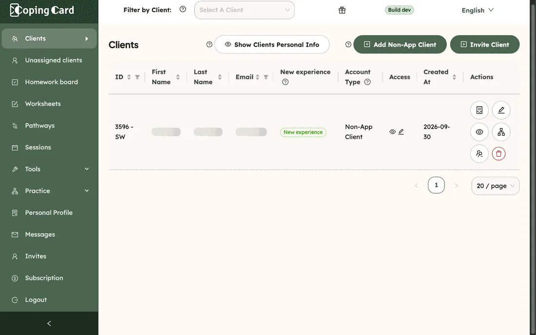 The Clients list with one non-app client, and the icons in its Actions column