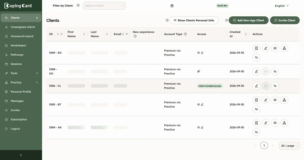 The Clients list with names hidden: one row with a Client revoked access label and a greyed-out eye icon, and rows with the view, edit and other icons