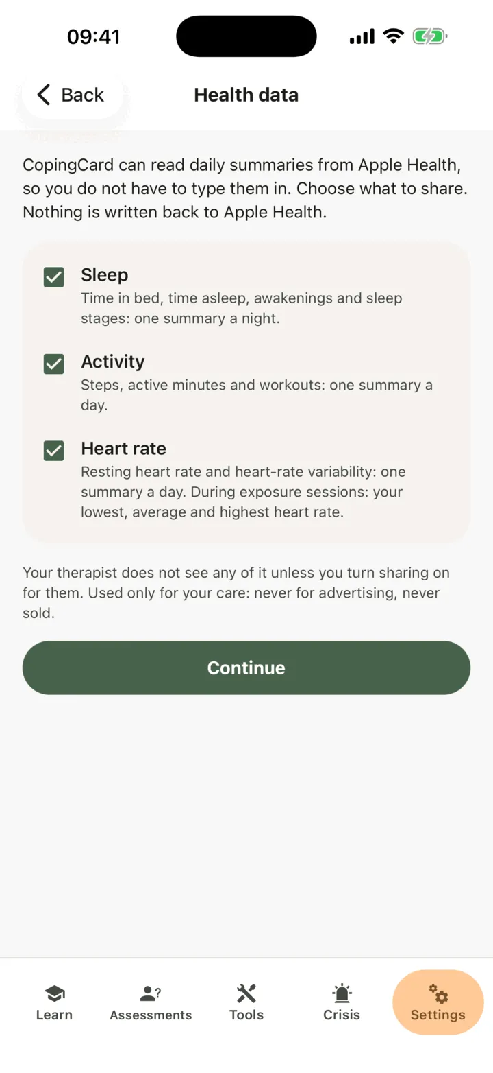 Health data on an iPhone: Sleep, Activity and Heart rate with what each one reads, and the Continue button
