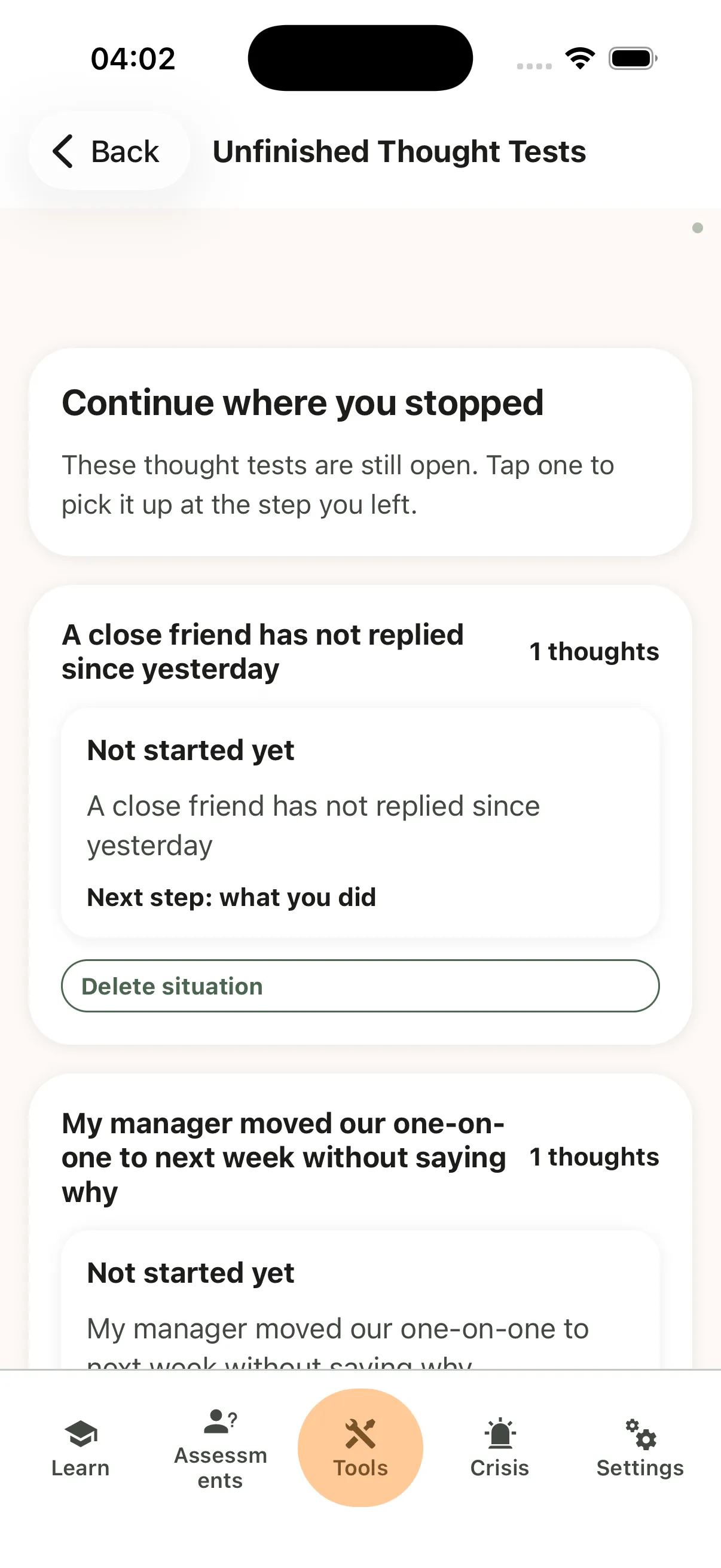 The Continue where you stopped list: situations marked Not started yet, each with its next step and a Delete situation button