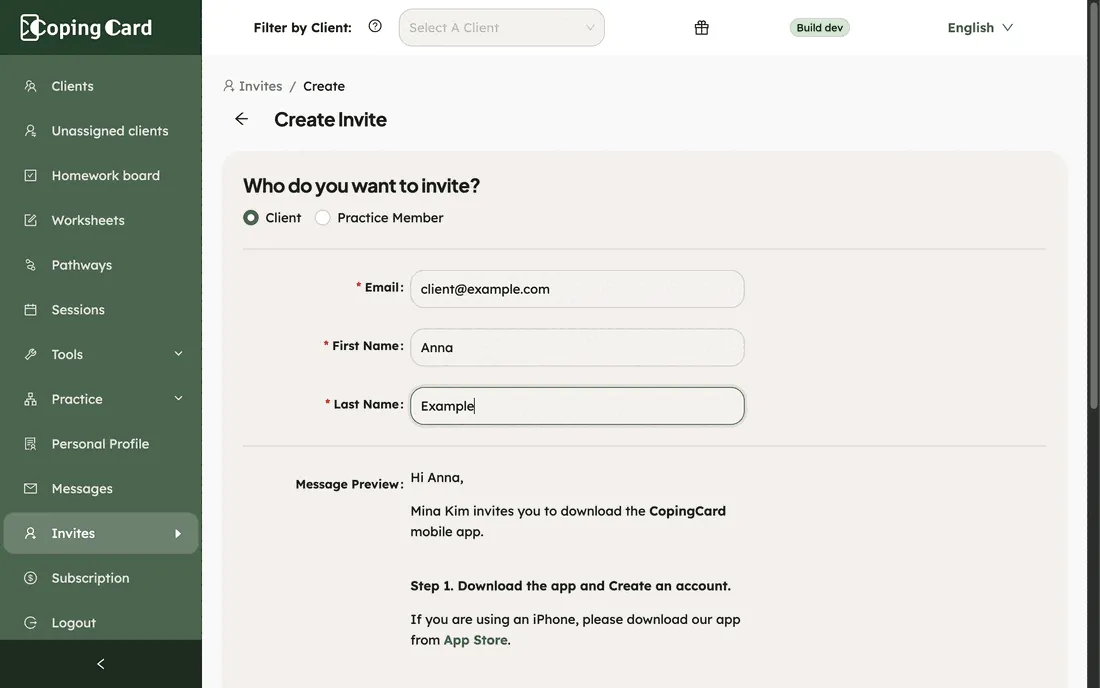Create Invite with Client chosen, an e-mail address and name filled in, and the message preview below