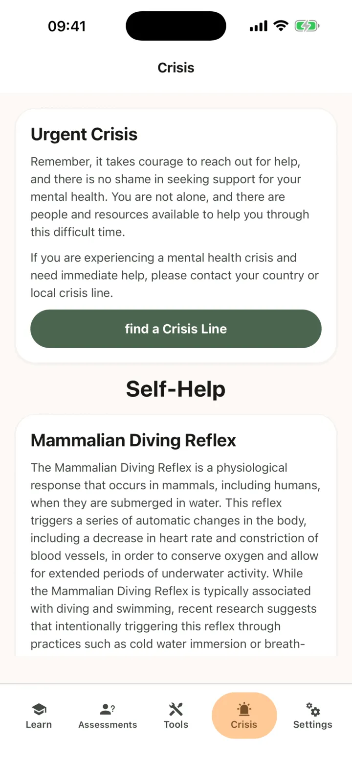 The Crisis tab with the Urgent Crisis card, the Self-Help header and the first self-help card