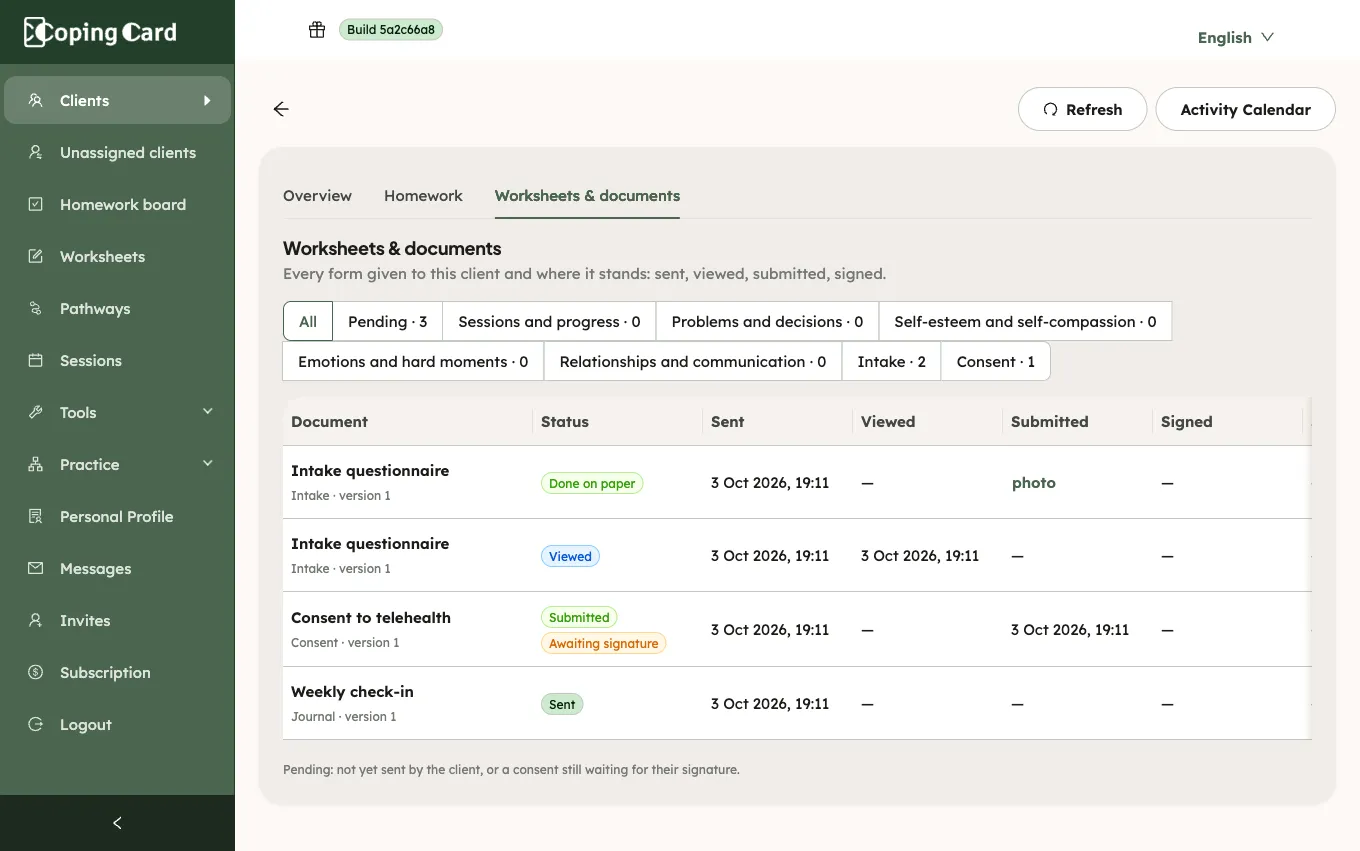 The Worksheets & documents tab: forms with their status and the dates they were sent, viewed and submitted, a score, and the Open and Fill with the client actions