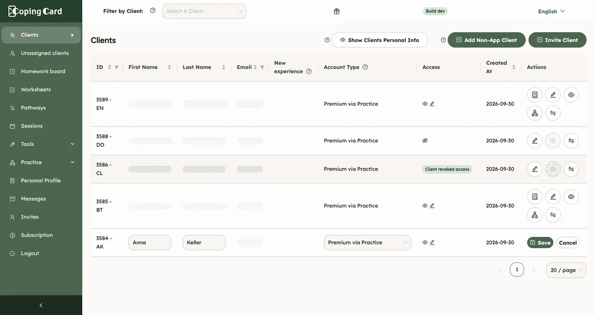 A client’s row in edit mode, with the first name, last name and Account Type drop-down, and the Save and Cancel buttons