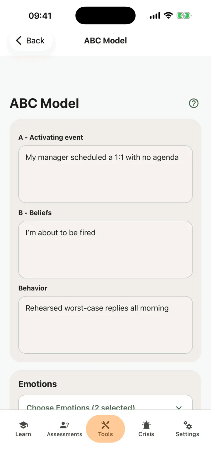 The ABC model editor with the activating event, the beliefs, the behavior and the button to choose emotions