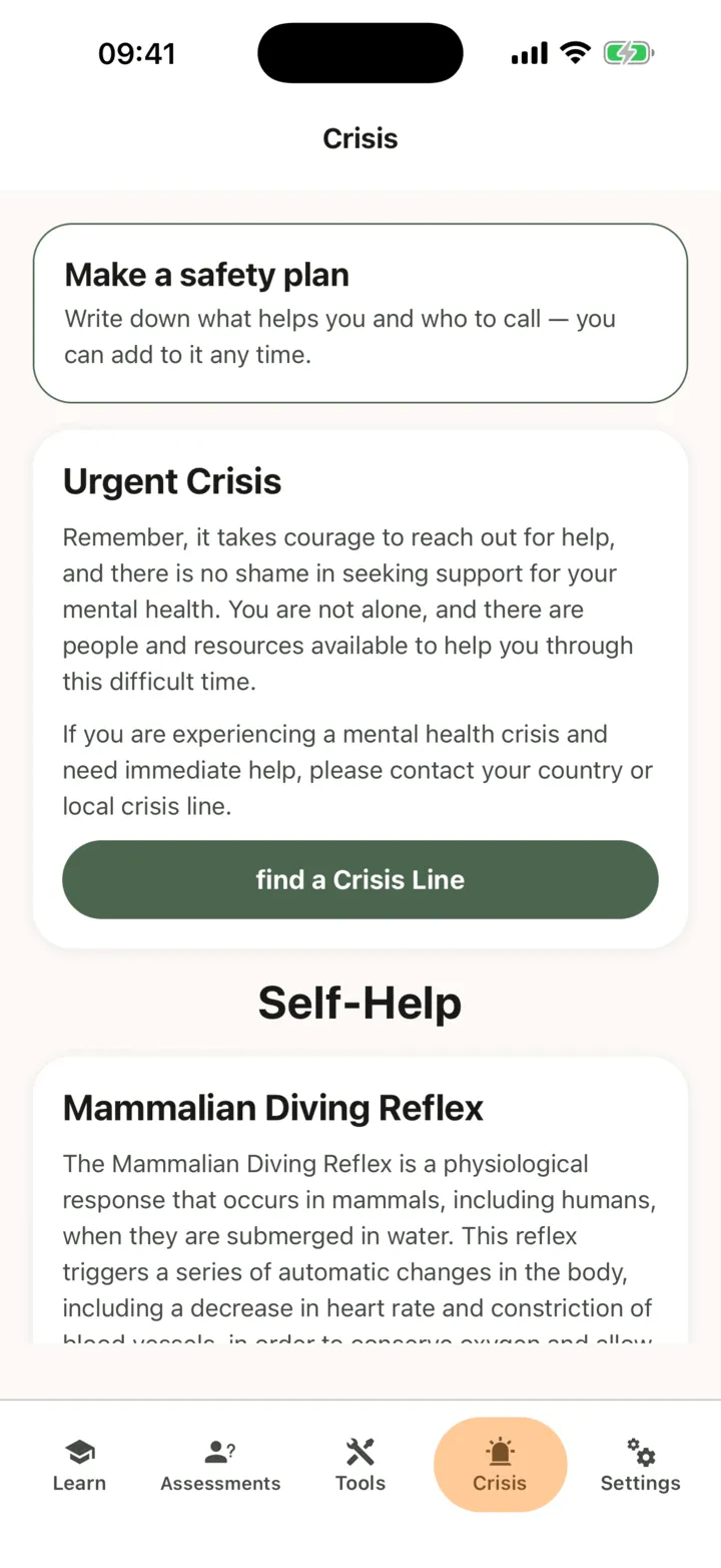 The Crisis tab with the Make a safety plan row above the Urgent Crisis card