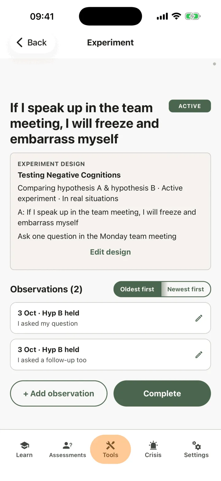 An active experiment with two observations, the button to add an observation and the Complete button