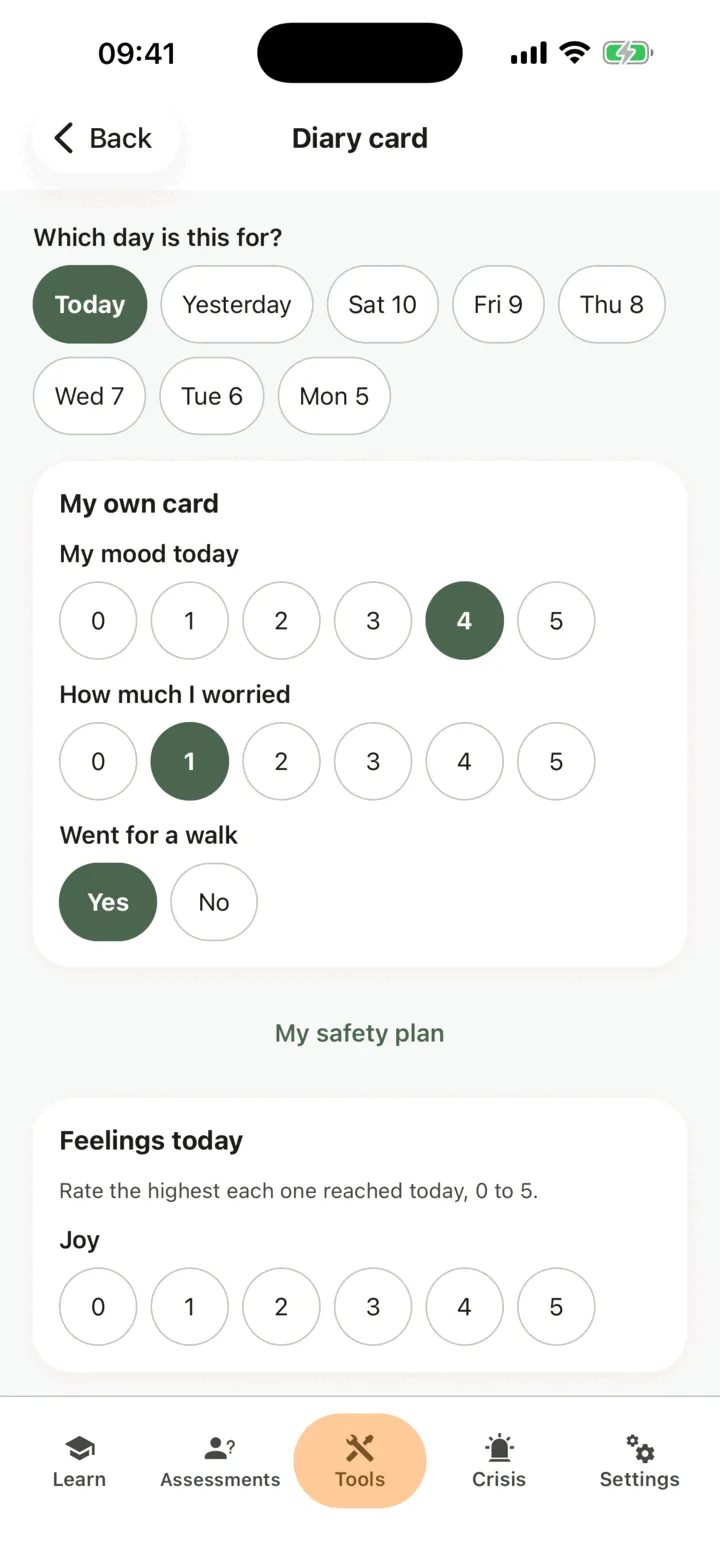 The diary card form with the day buttons, then My own card with two rows rated 0 to 5 and a Yes or No row, and Feelings today below