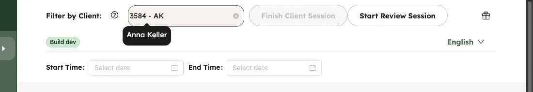 The header with a client chosen, the Finish Client Session button and the Start Time and End Time fields