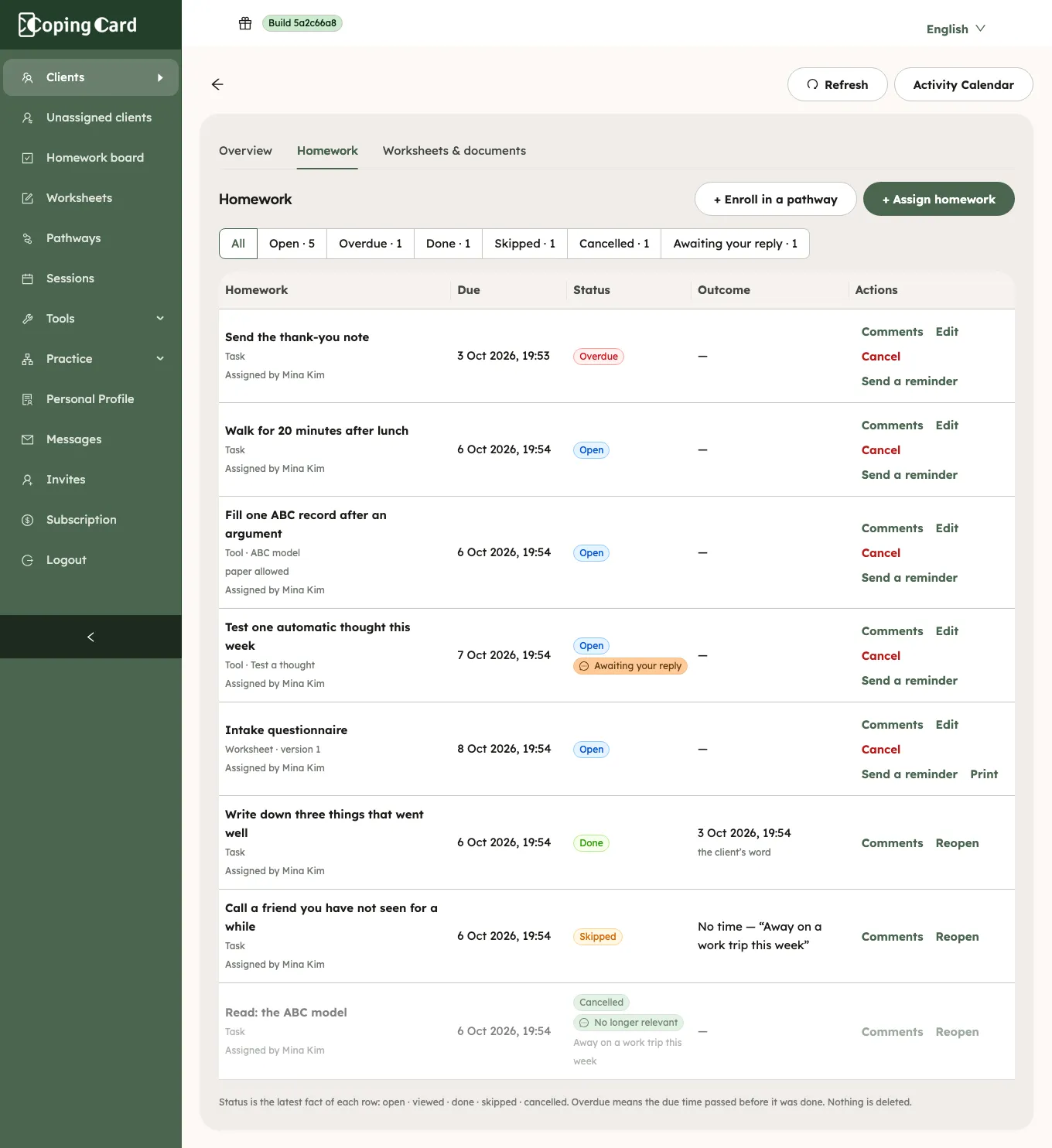 The Homework tab of a client’s page: filters with counts, and rows with their due date, status, outcome and actions