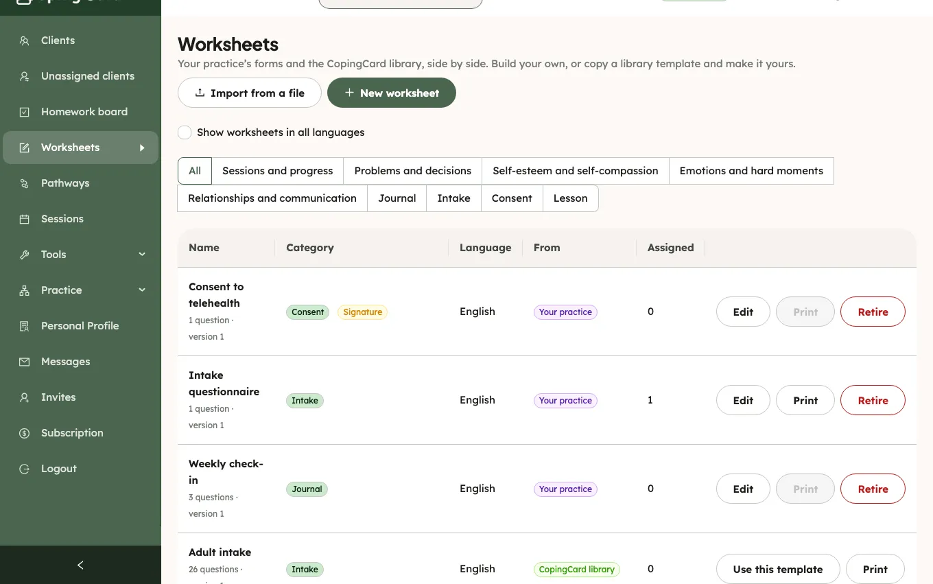 The Worksheets list: Print in each row, greyed out for a consent and for a journal