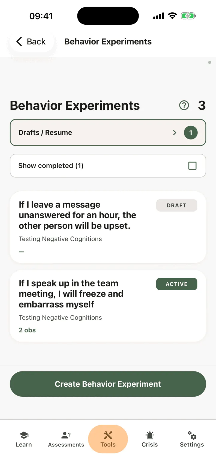 The Behavior Experiments list with drafts to resume, status badges and the option to show completed experiments