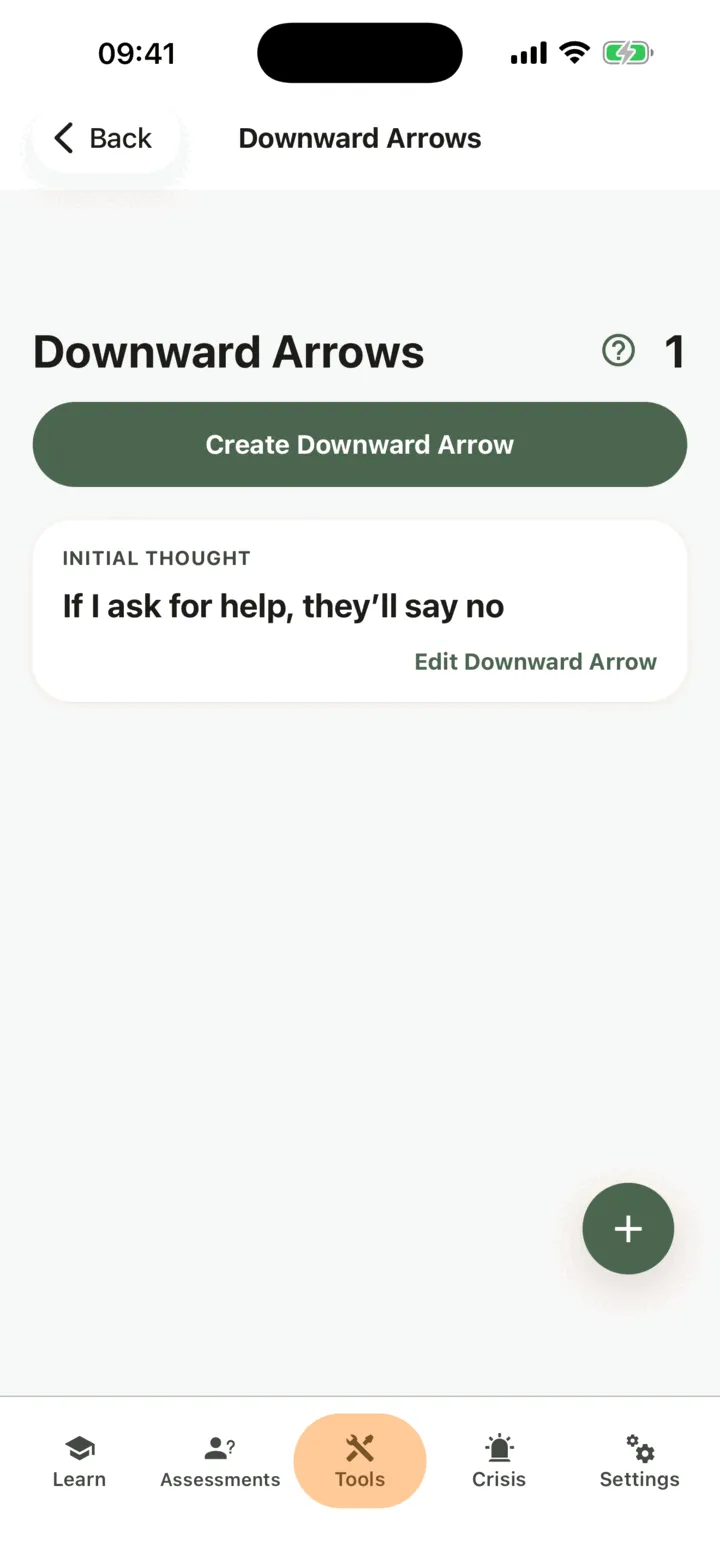 The Downward Arrows list showing the initial thought of a chain and the button to edit it
