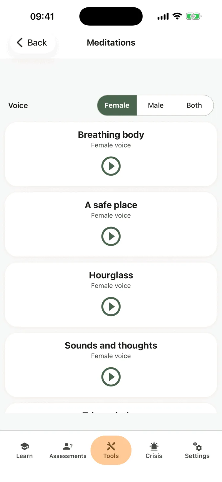 The Meditations list with a card for each meditation