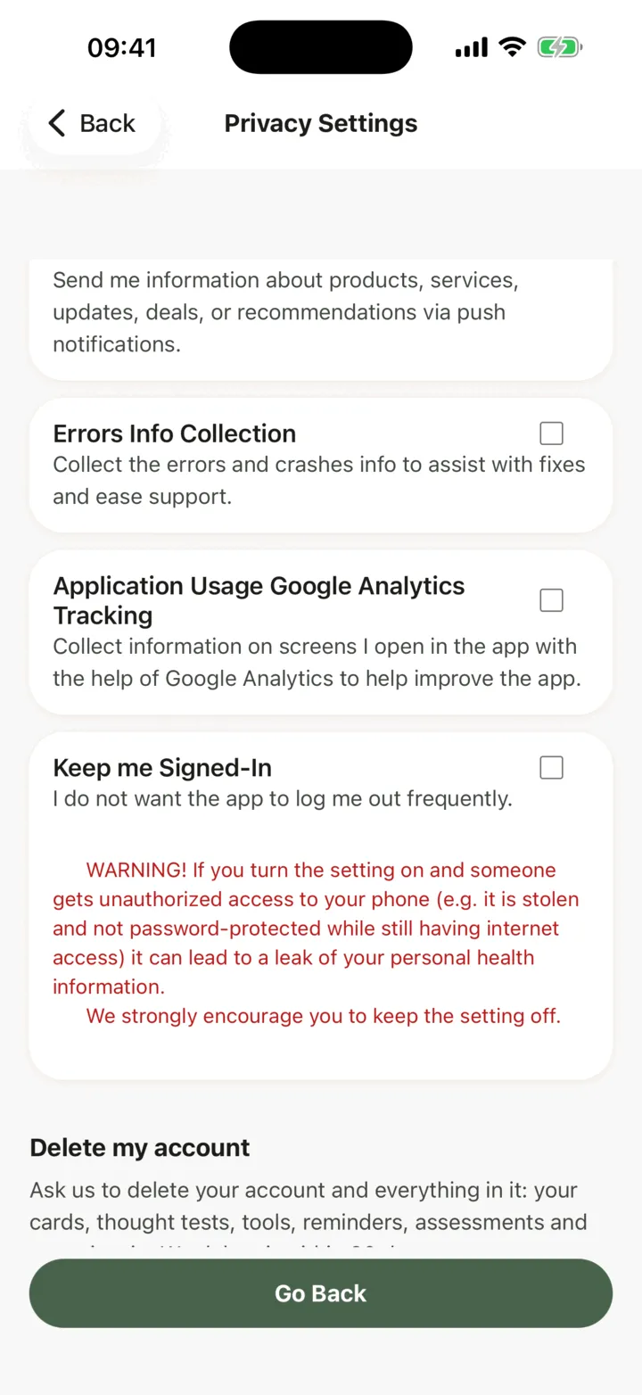 Privacy Settings scrolled down: Errors Info Collection, Application Usage Google Analytics Tracking and Keep me Signed-In with its warning, then Delete my account and Go Back