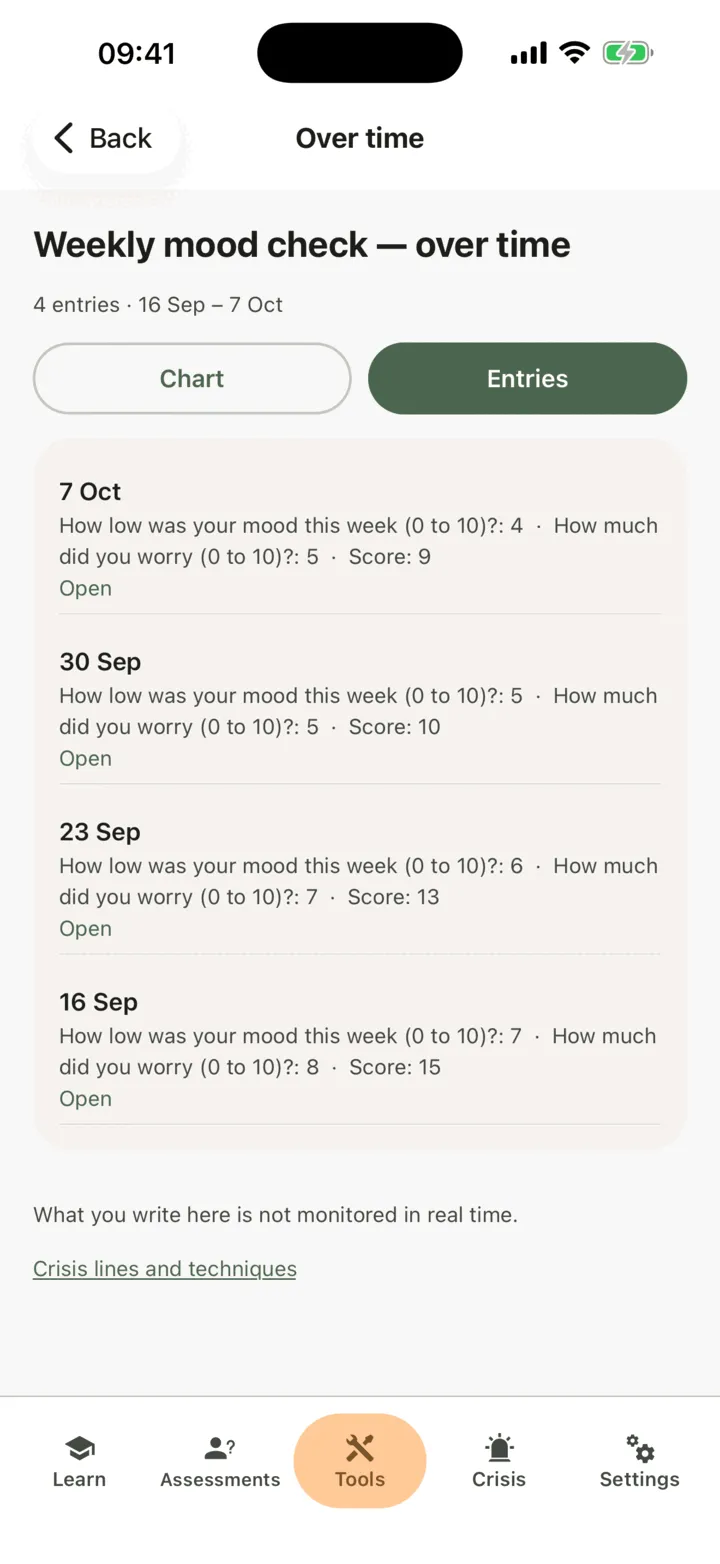 The list of four entries, newest first, each with its date, its numbers and its score, and an Open link