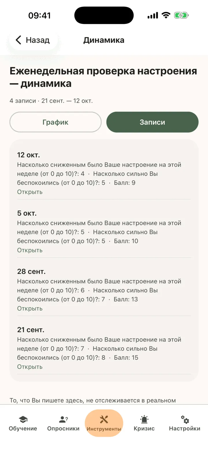 Список из четырёх записей, сначала самые новые, каждая с датой, числами и баллом, а также ссылкой «Открыть»