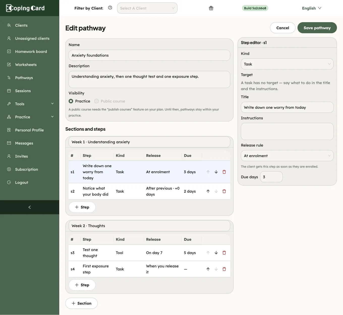 The pathway editor: name, description, visibility, a section with two steps and their release rules, and the step editor