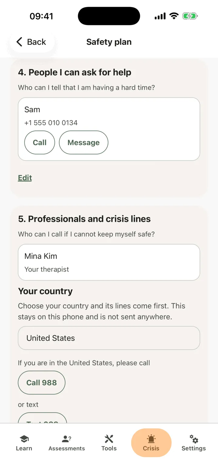Parts 4 and 5 of the safety plan: a person with Call and Message buttons, then part 5 with your therapist’s name and the Your country control