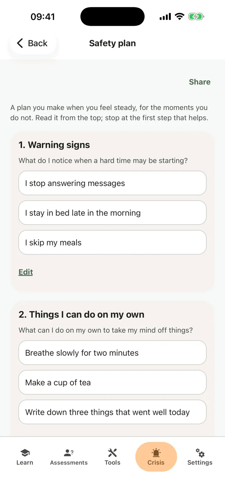 The safety plan with Share at the top, part 1 Warning signs with three entries and an Edit link, and part 2 below it