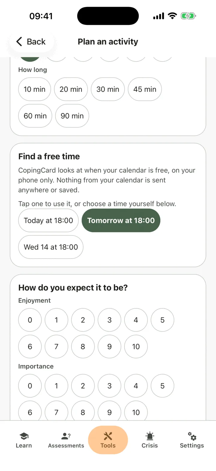Plan an activity: the How long choices, Find a free time with three suggested times, and How do you expect it to be?
