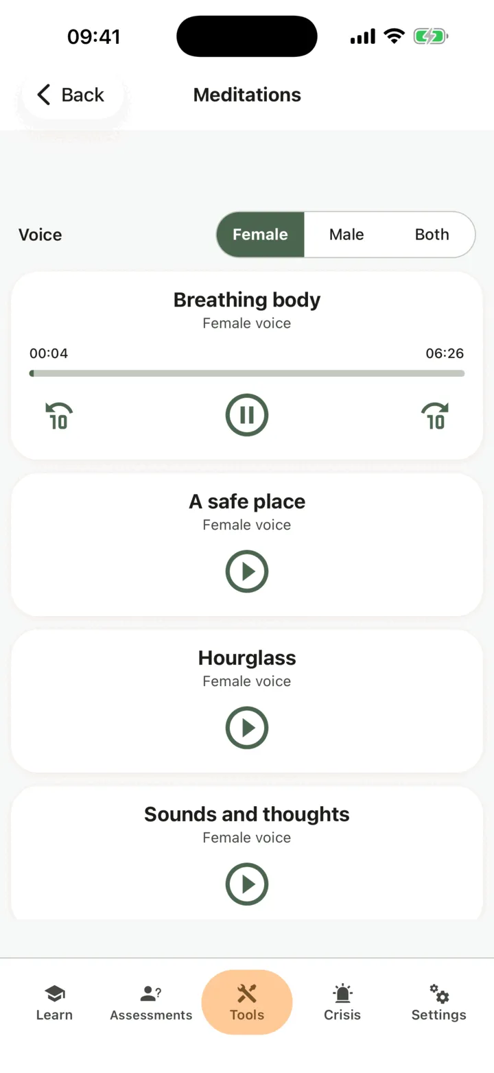 A meditation card expanded with the position and total time, back 10 seconds, pause and forward 10 seconds