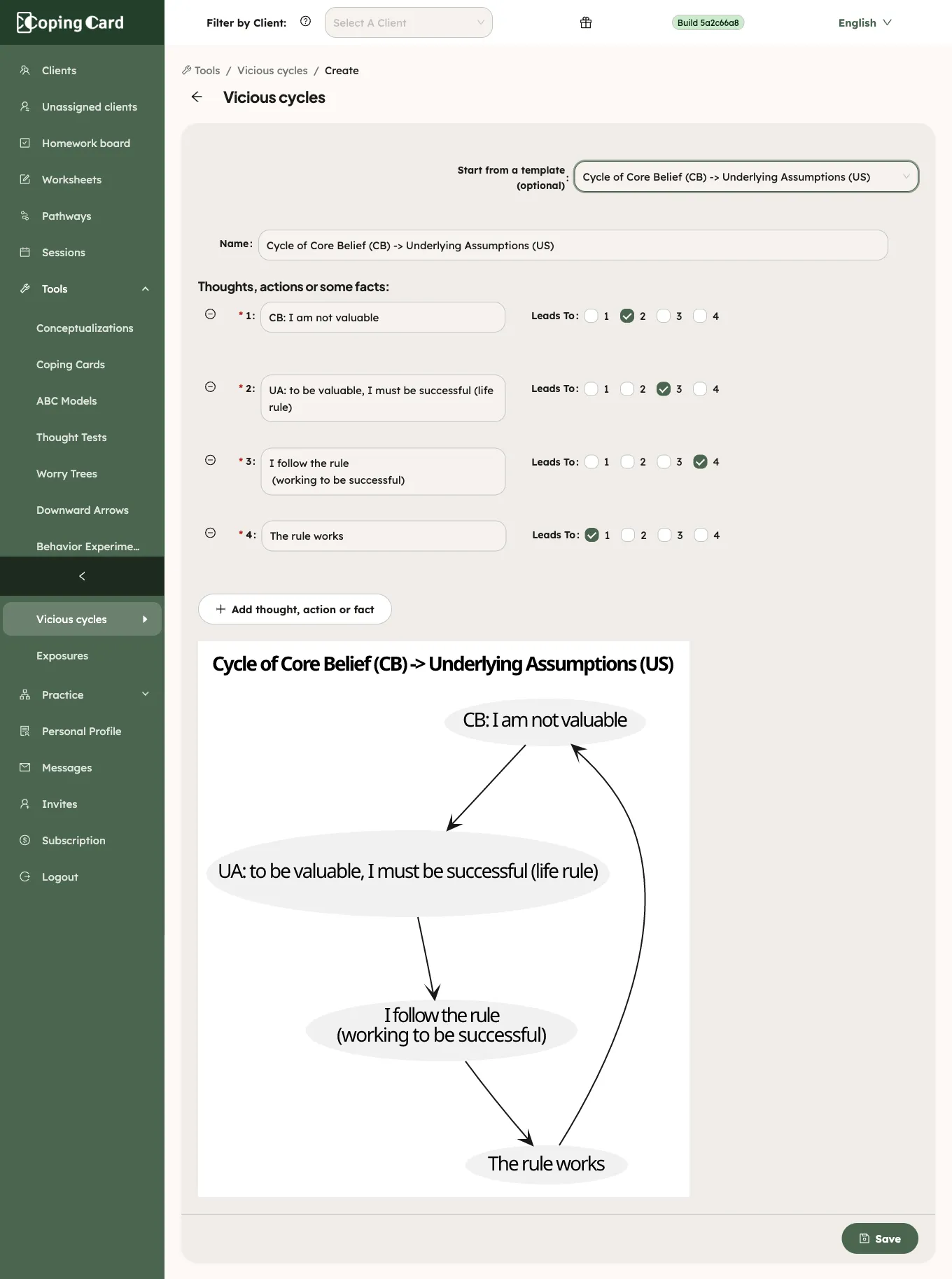The portal Vicious cycles page with the template select and the thoughts