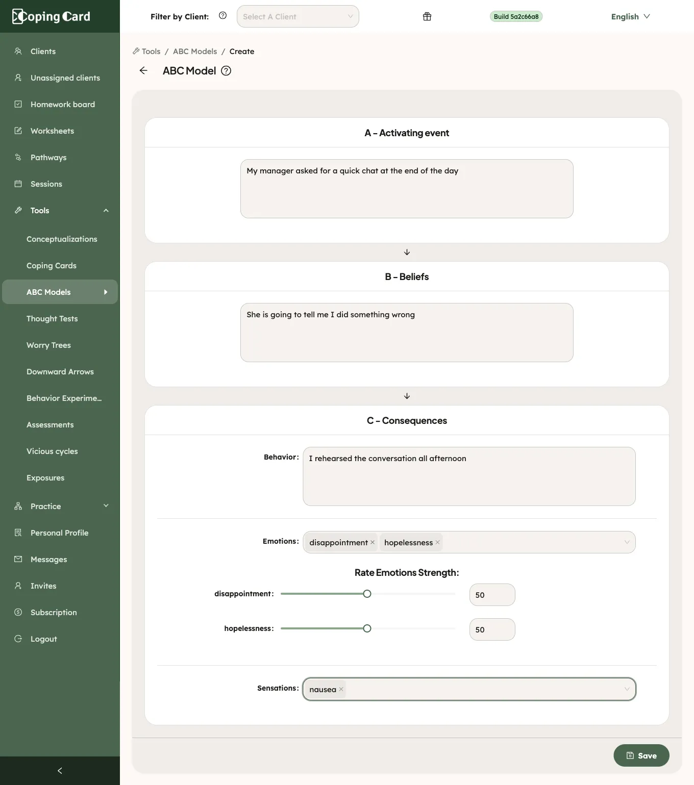 The portal ABC Model page with the three cards and the Save button