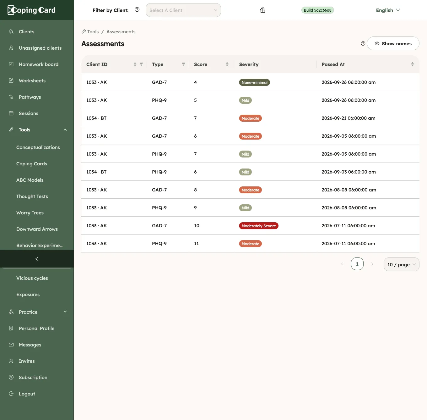 The portal Assessments list with its five columns