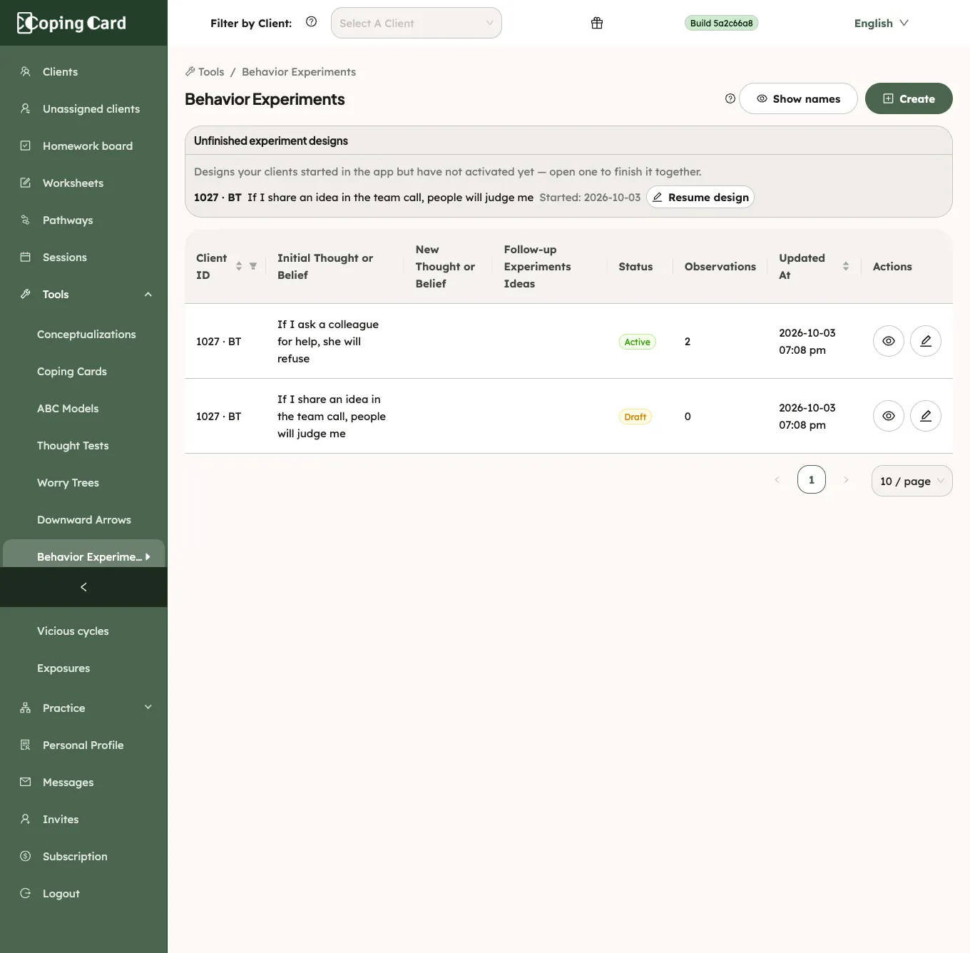 The portal Behavior Experiments list, with the unfinished experiment designs