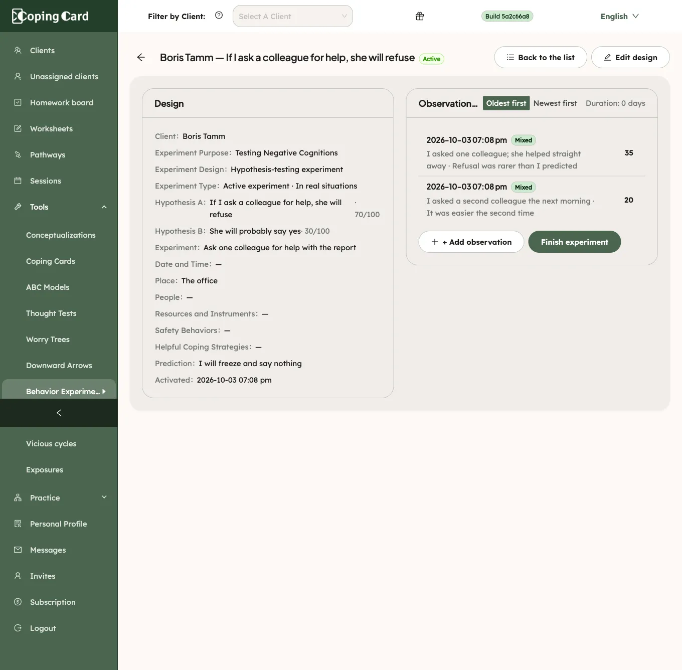 The portal view of an experiment with its observations and the Finish experiment button