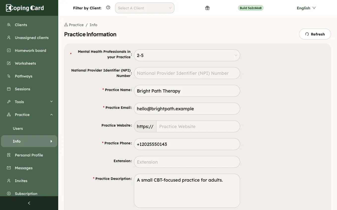 Practice Information with the practice name, e-mail, phone and description filled in