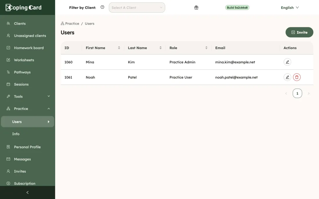 The Users list with a practice admin and a practice user, each with an edit icon; the practice user also has a remove icon