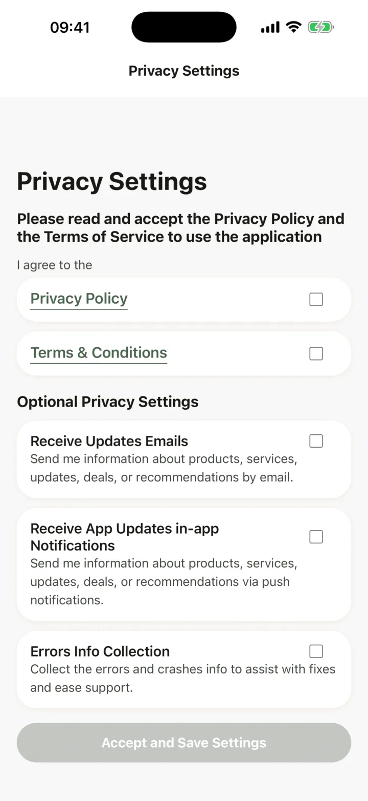 Privacy Settings on first sign-in: the Privacy Policy and Terms rows, nothing ticked yet