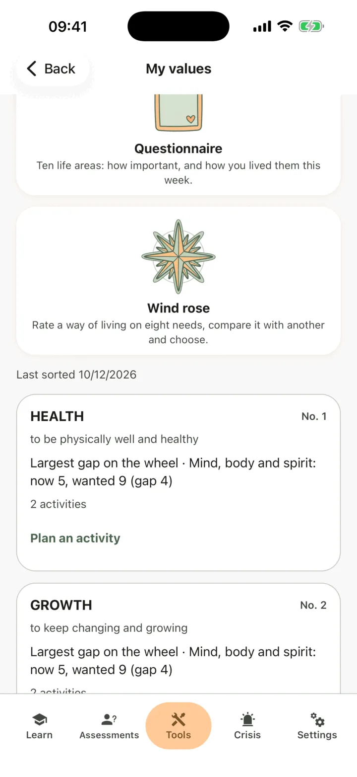 My values with the Questionnaire and Wind rose doors above the ranked values, each with its largest gap on the wheel and a Plan an activity link