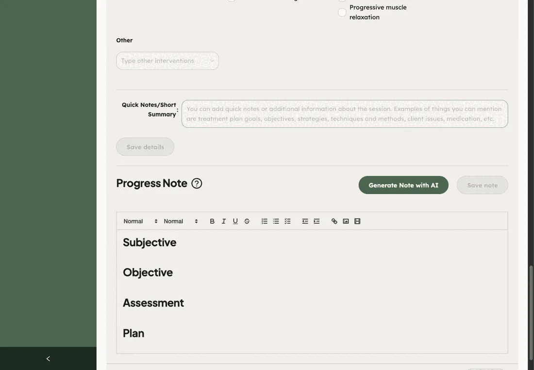 The lower part of the tab: Quick Notes, Save details, the Progress Note editor with its headings, Generate Note with AI and Save note