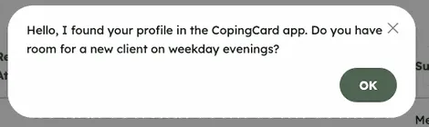 A message opened from the Messages list: the text of the message and an OK button