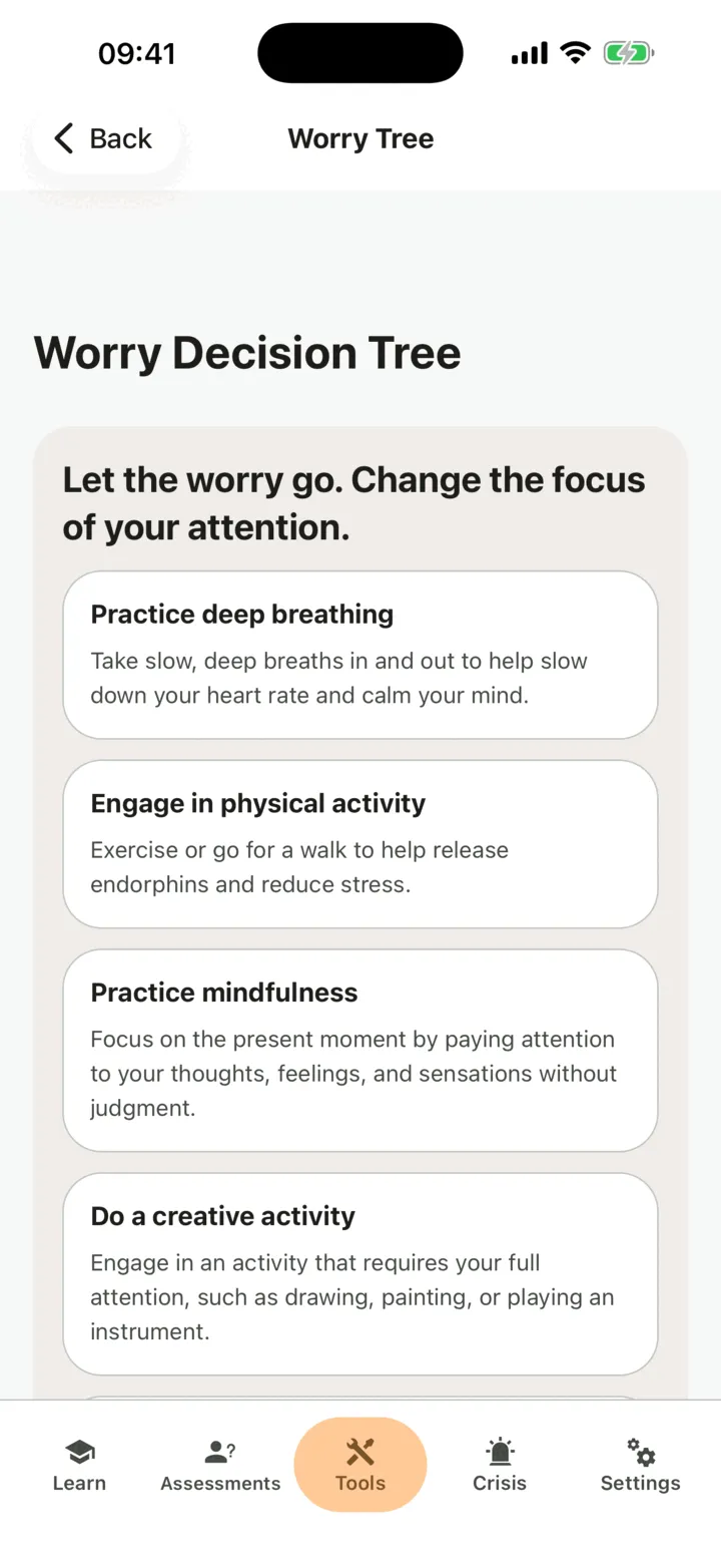 The change of focus screen with cards of things to do instead of worrying
