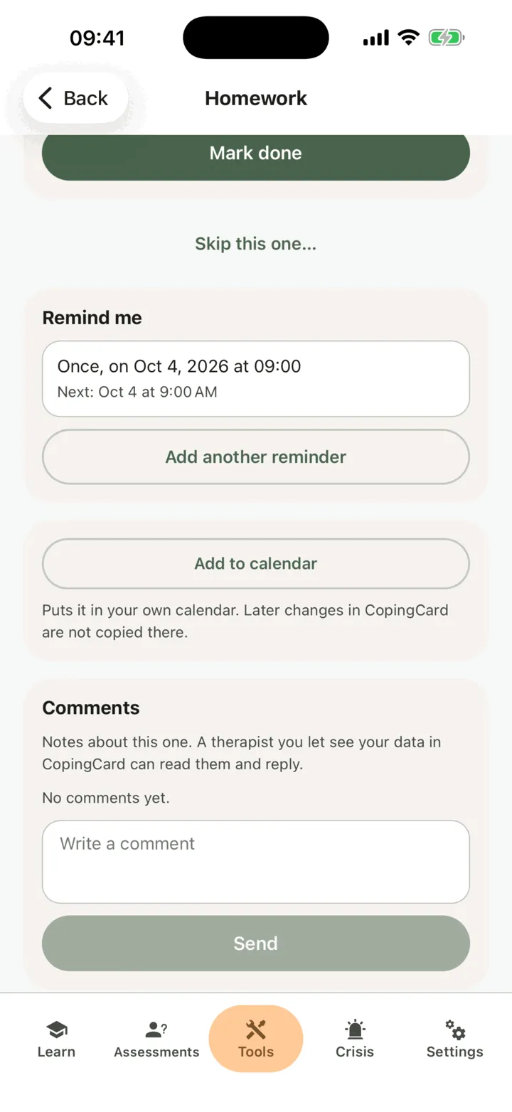 The Remind me section of a piece of homework with one reminder and its next time, and Add another reminder
