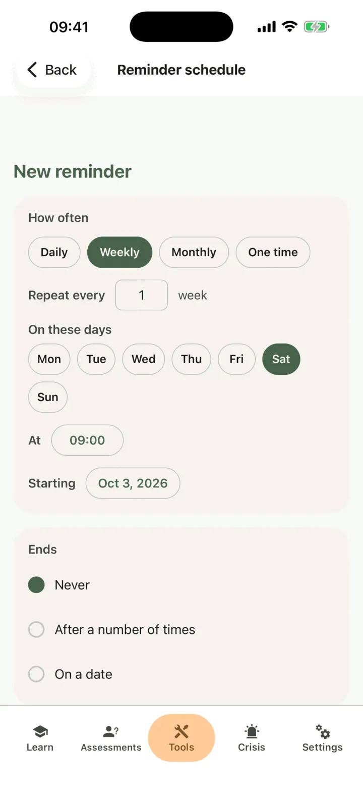 The reminder schedule screen set to Weekly, with the day chips
