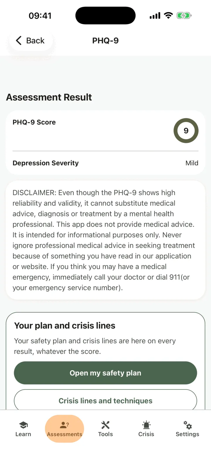 The PHQ-9 result with the score, the note about professional advice and the Your plan and crisis lines card