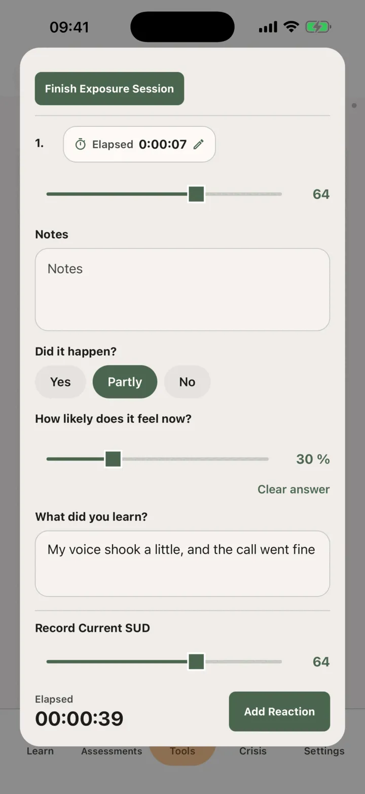 A live exposure session with the Finish Exposure Session button, one reading, the notes box, Did it happen? set to Partly, How likely does it feel now? at 30 %, what was learned, and the Record Current SUD slider with Add Reaction