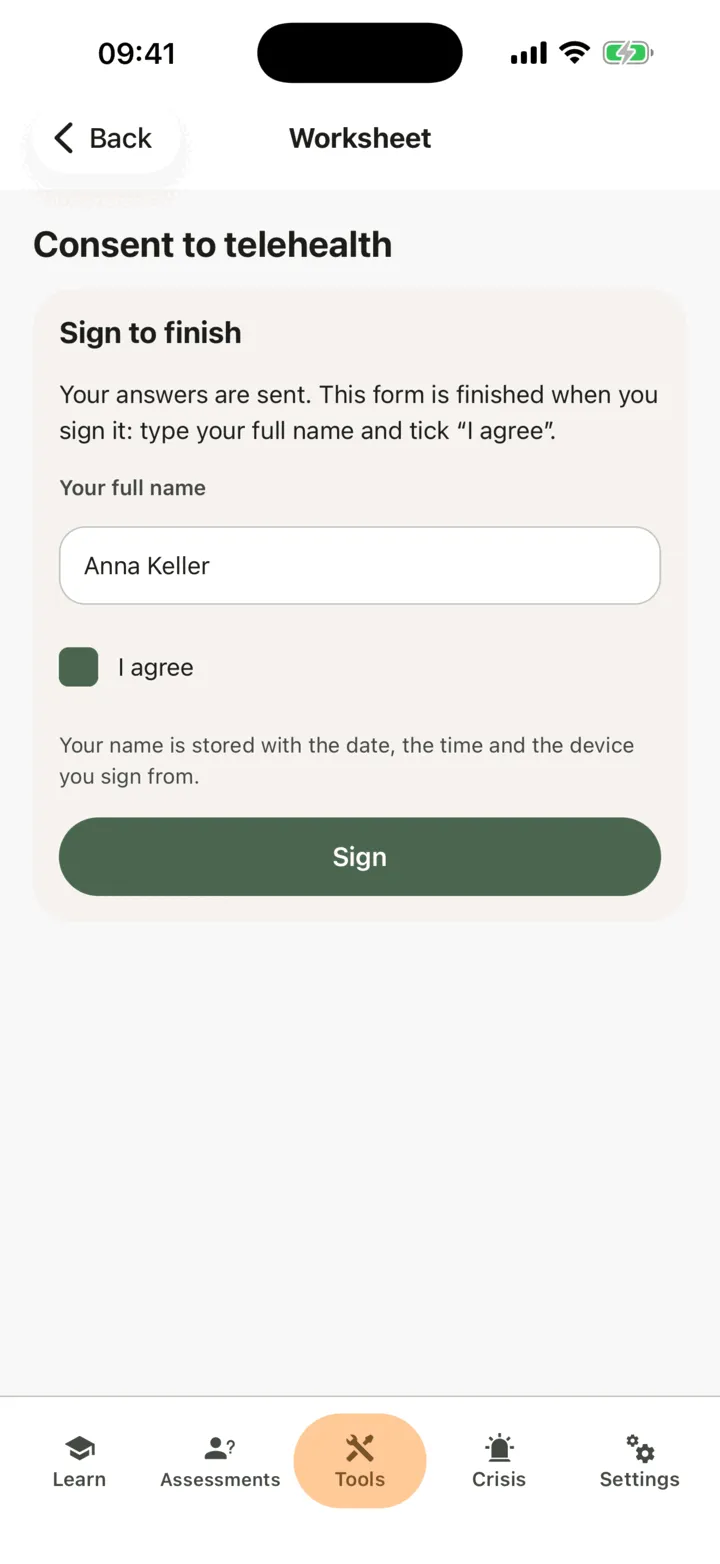 Sign to finish: the full name typed in, I agree ticked and the Sign button
