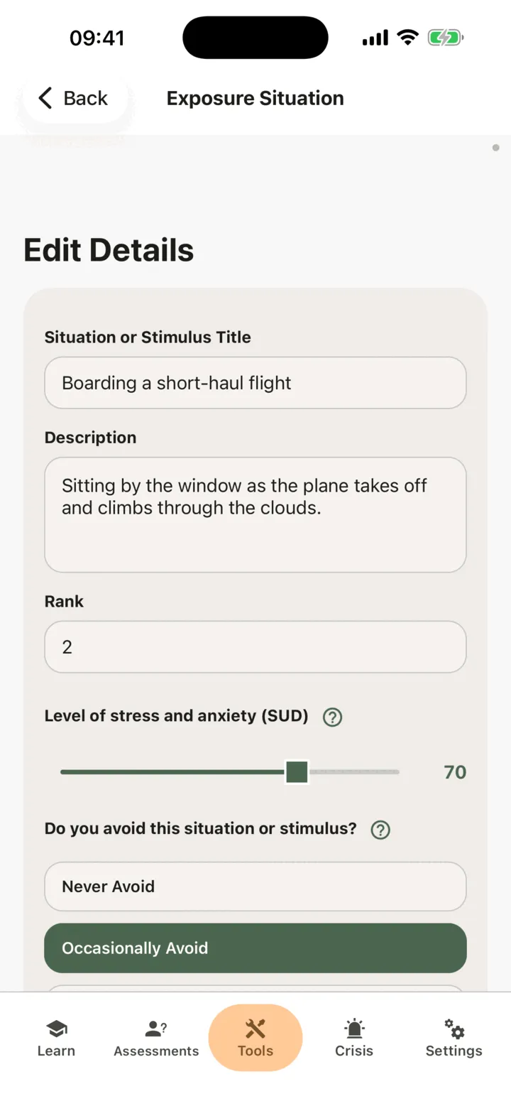 The top of the situation screen with the title, the description, the stress level and the question whether you avoid it